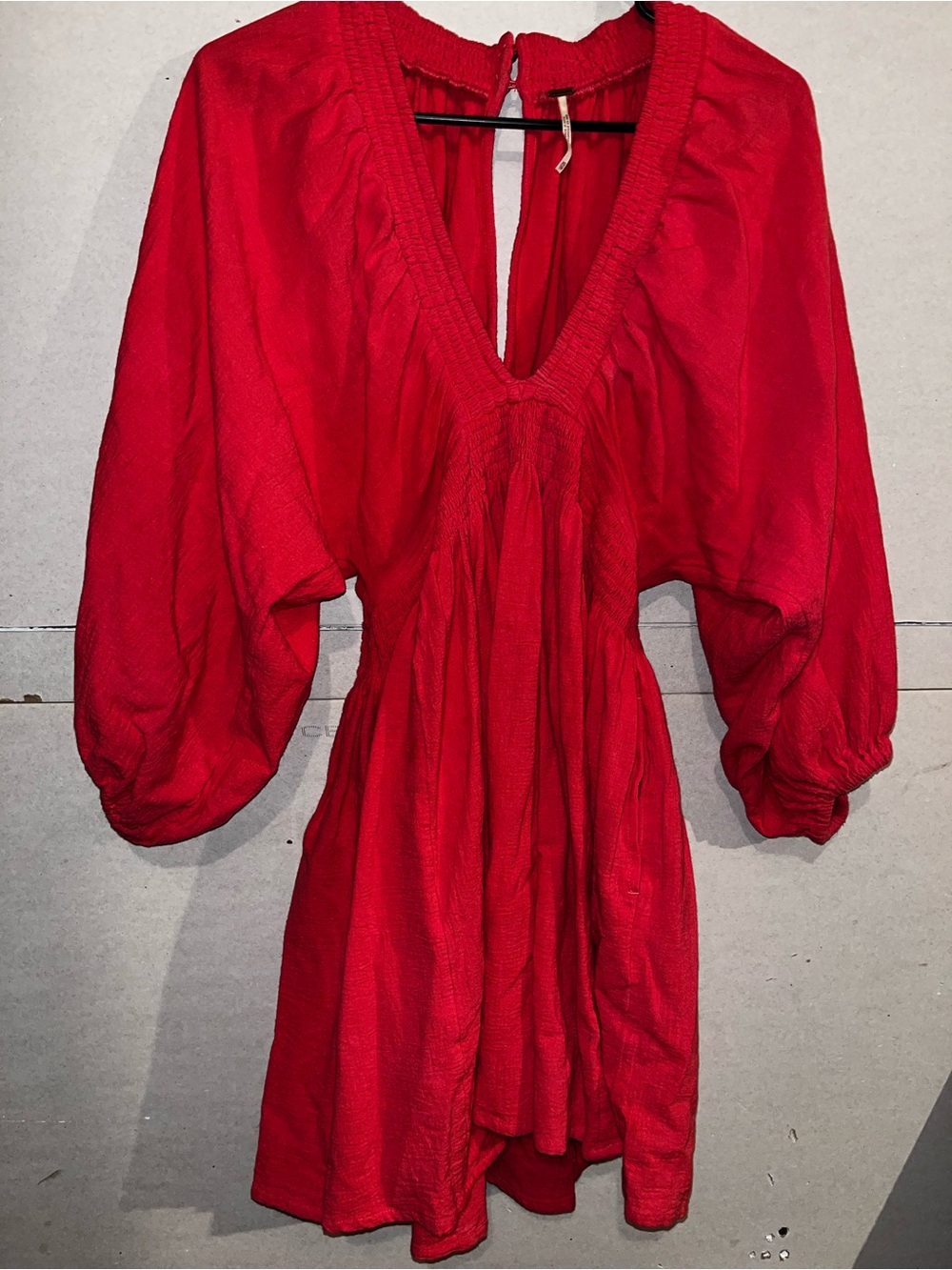 Free People Bold Red V-Neck Mini Dress with Puff Sleeves